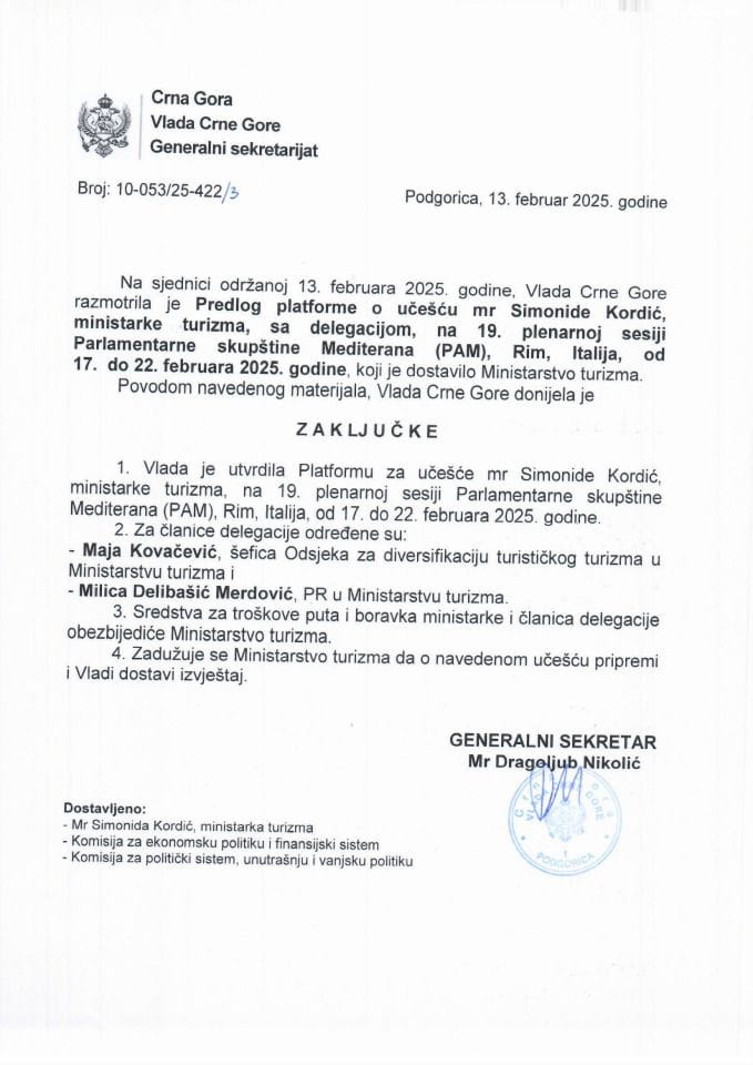 Предлог платформе о учешћу министарке туризма мр Симониде Кордић, са делегацијом, на 19. пленарној сесији Парламентарне скупштине Медитерана (PAM), Рим, Италија, од 17. до 22. фебруара 2025. године - закључци