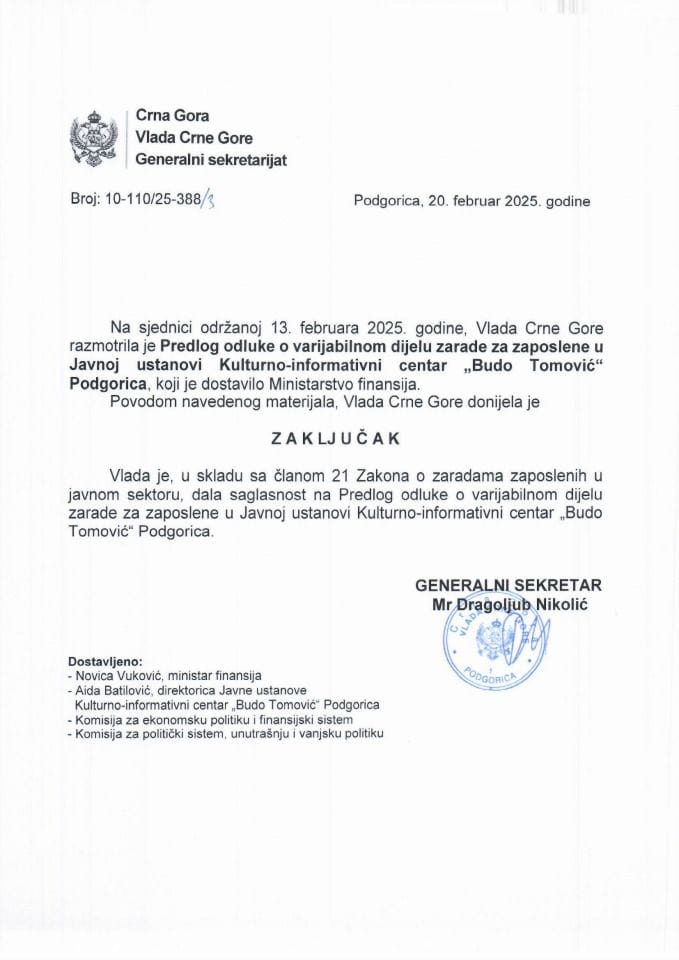 Предлог одлуке о варијабилном дијелу зараде за запослене у Јавној установи Културно-информативни центар „Будо Томовић“ Подгорица - закључци