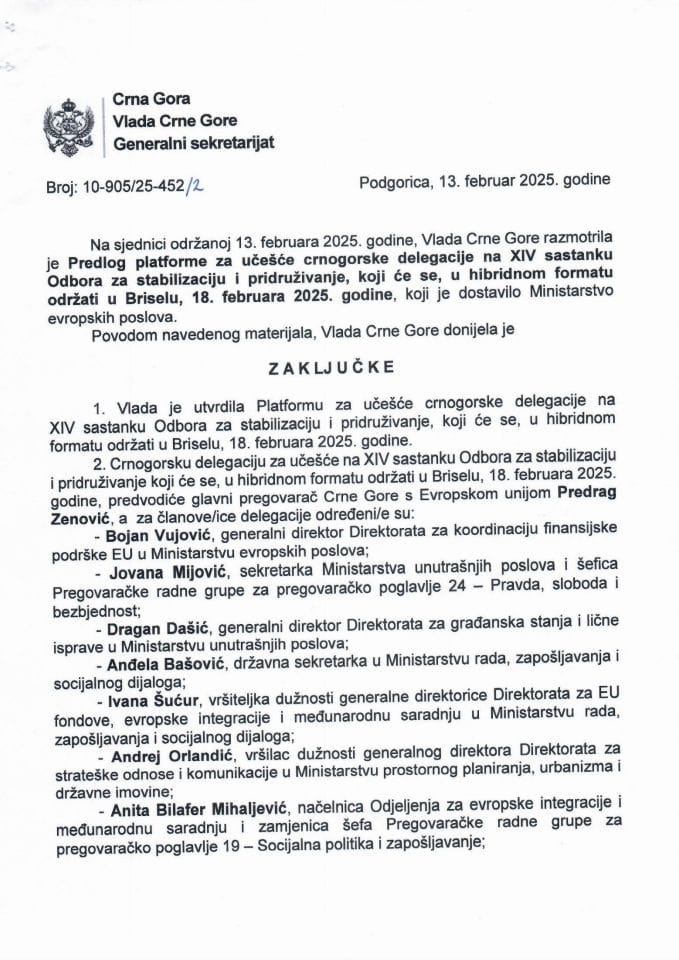 Предлог платформе за учешће црногорске делегације на XIV састанку Одбора за стабилизацију и придруживање, који ће се, у хибридном формату, одржати у Бриселу, 18. фебруара 2025. године - закључци