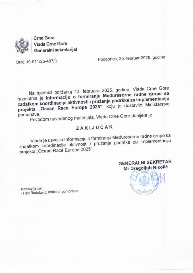 Информацију о формирању Међуресорне радне групе са задатком координације активности и пружања подршке за имплементацију пројекта „Ocean Race Europe 2025“ - закључци