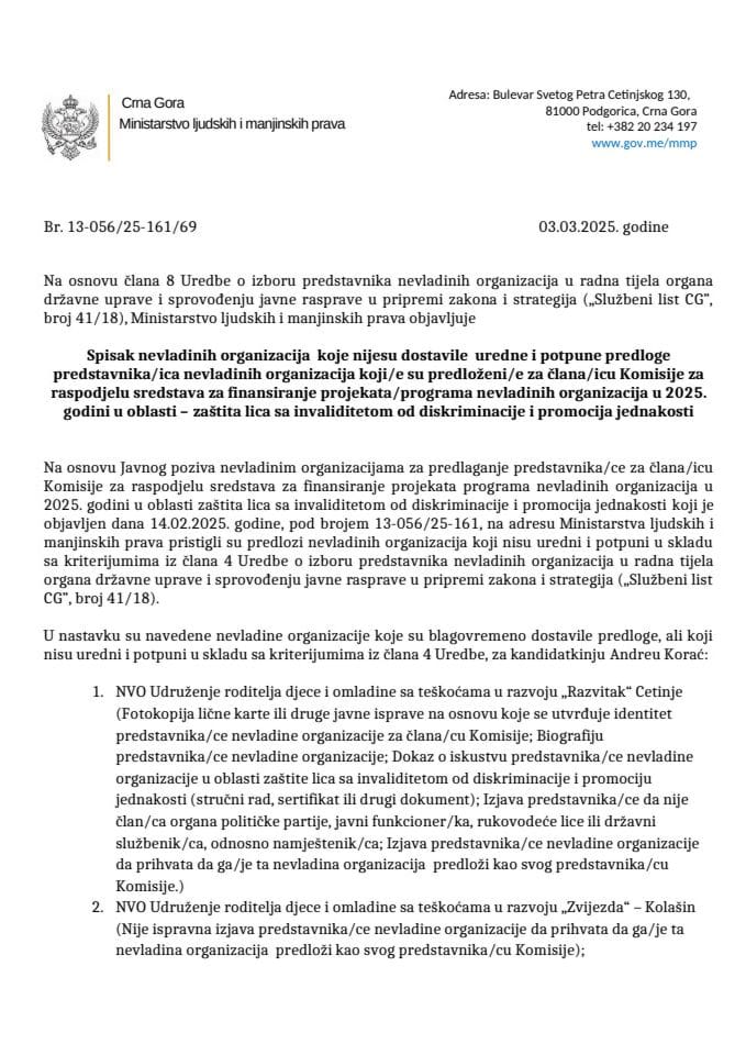 Spisak nevladinih organizacija  koje nijesu dostavile  uredne i potpune predloge predstavnika/ica NVO - oblast OSI