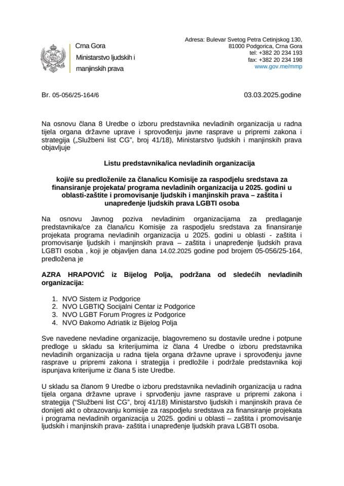 Lista predstavnika/ica NVO koji/e su predloženi/e za člana/icu Komisije za raspodjelu sredstava za finansiranje projekata/ programa nevladinih organizacija u 2025. -oblast LGBTI