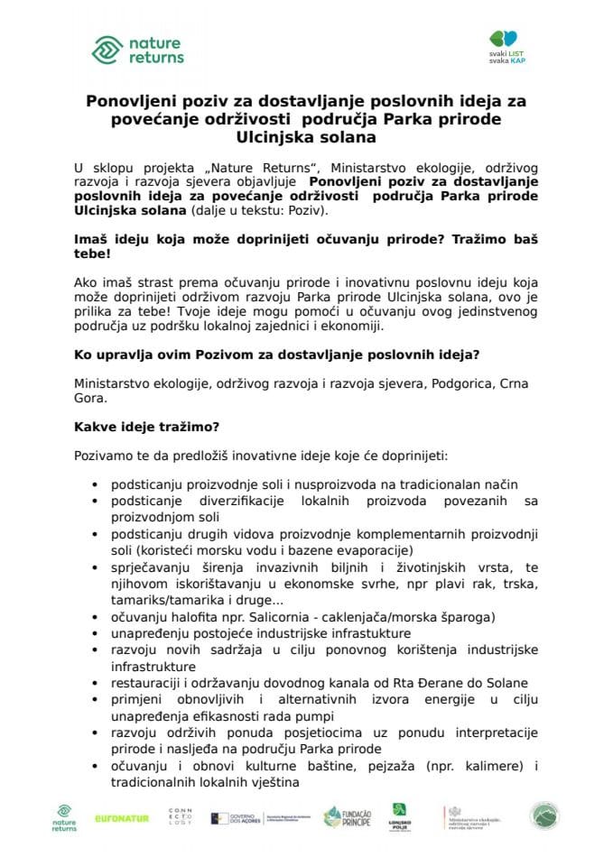 Ponovljeni poziv za dostavljanje poslovnih ideja za povećanje održivosti područja Parka prirode Ulcinjska solana - Poziv za dostavu poslovnih ideja _produljenje_CG (2)