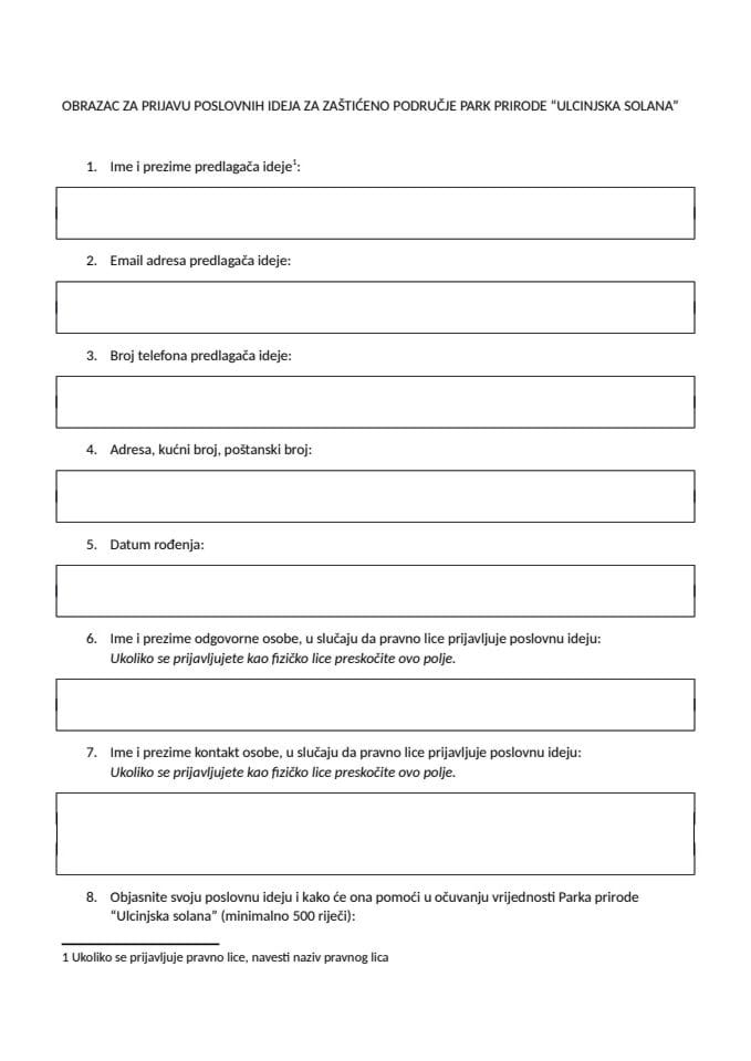 Ponovljeni poziv za dostavljanje poslovnih ideja za povećanje održivosti  područja Parka prirode Ulcinjska solana - obrazac za prijavu ideje_CG
