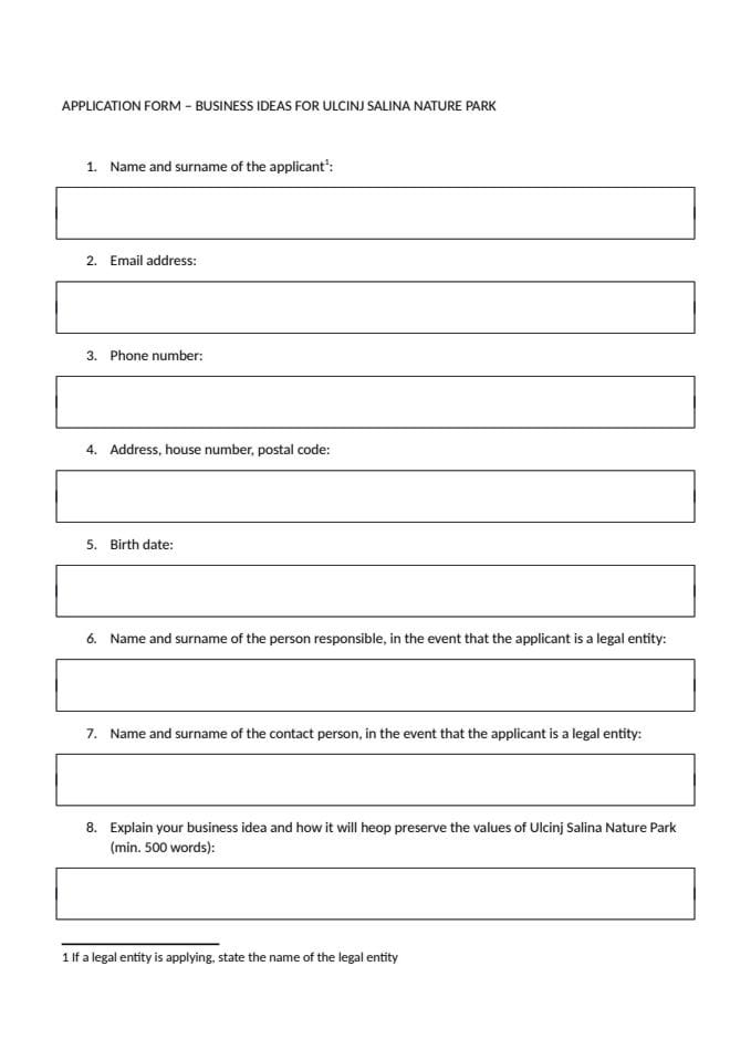 Ponovljeni poziv za dostavljanje poslovnih ideja za povećanje održivosti područja Parka prirode Ulcinjska solana - application_form_business_ideas_EN