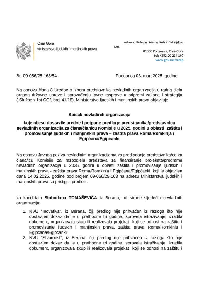 Spisak NVO koje nijesu dostavile uredne i potpune predloge predstavnika/ca nevladinih organizacija za člana/članicu Komisije u 2025. oblast RE