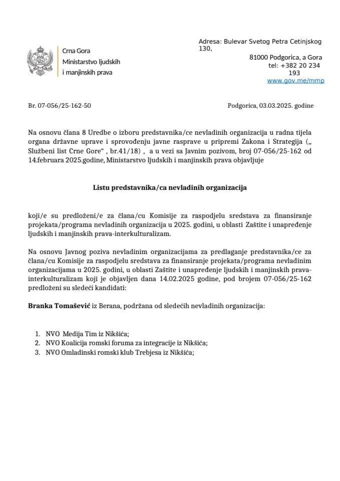 Lista predstavnika/ca NVO koji/e su predloženi/e za člana/cu Komisije za raspodjelu sredstava za finansiranje projekata/programa nevladinih organizacija u 2025. -Interkulturalizam