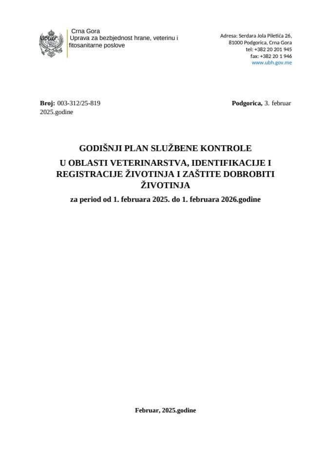 Plan službenih kontrola u oblasti veterinarstva IR i zaštite dobrobiti životinja