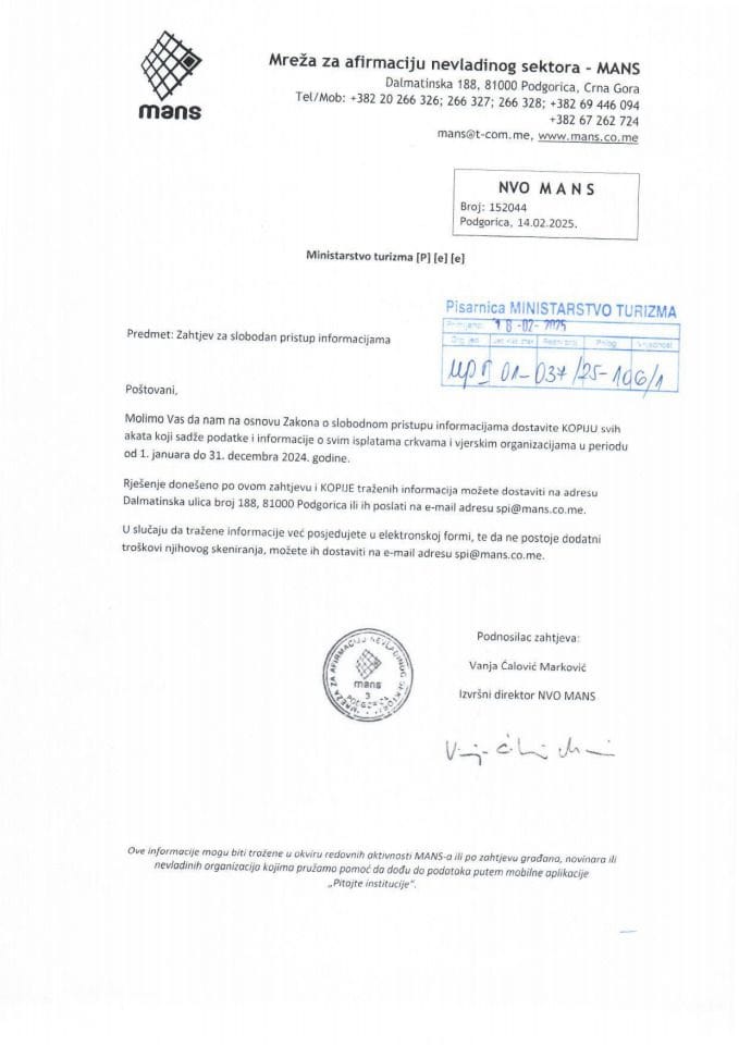 Zahtjev - Slobodan pristup informacijama - UPI 01-037-25-106-1 - Mreža za afirmaciju nevladinog sektora - MANS