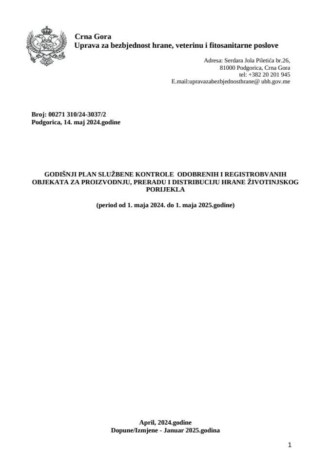 Godišnji plan službene kontrole odobrenih i registrovanih objekata za proizvodnju, preradu i distribuciju hrane životinjskog porijekla