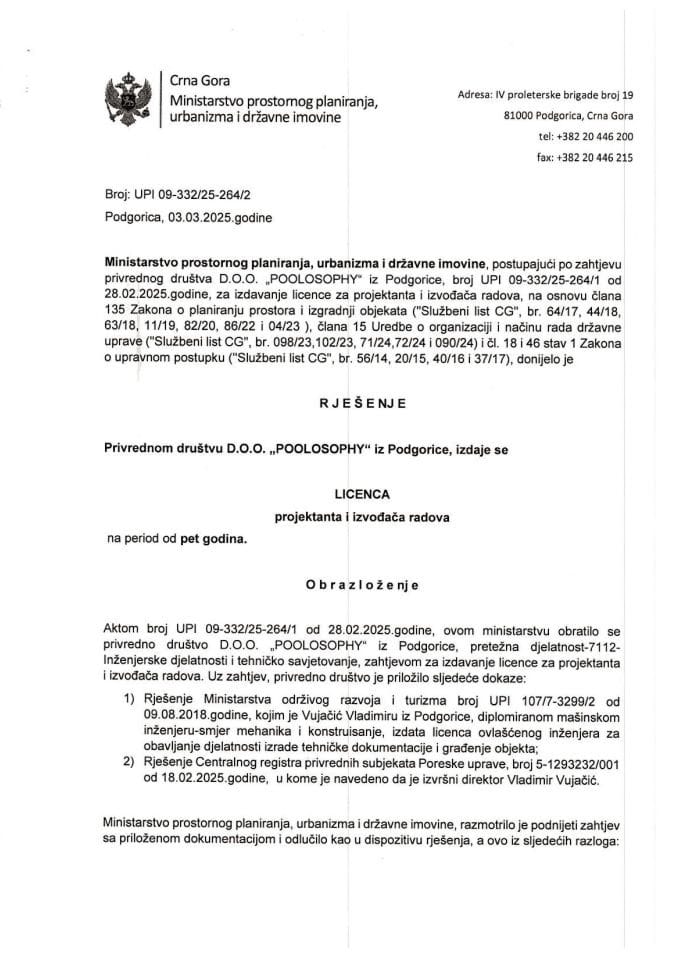 Licence projektanata i izvođača radova - UPI 09-332-25-264-2 DO POOLOSOPHY