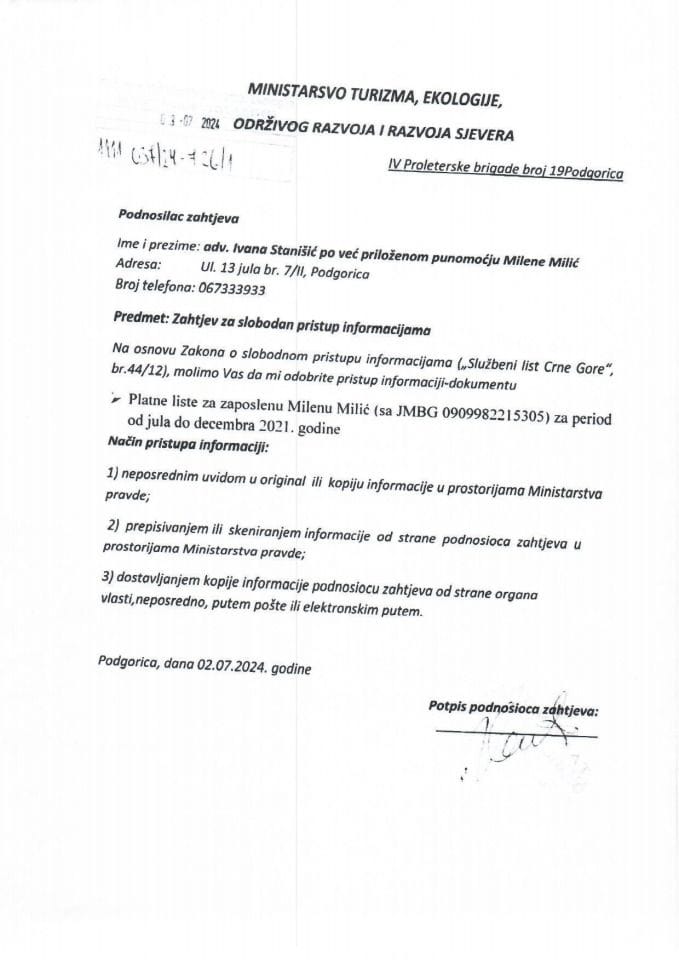 Zahtjev - Slobodan pristup informacijama - UPI 01-037-24-726-1 - Milena Milić