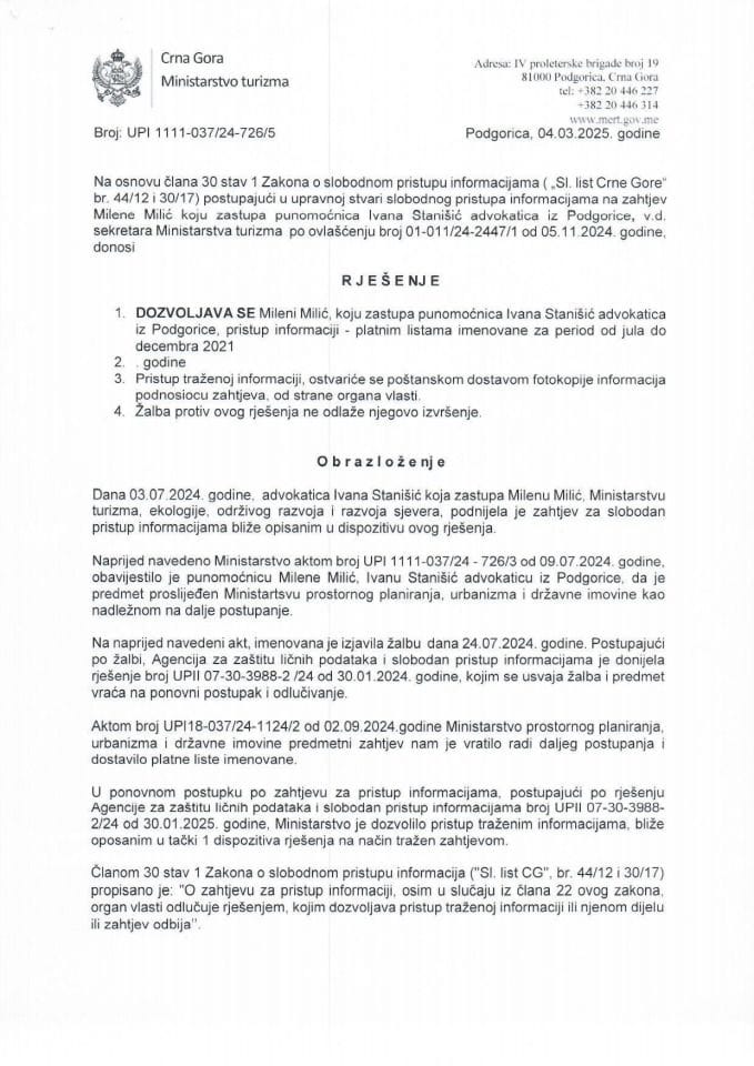 Rješenje - Slobodan pristup informacijama - UPI 01-037-24-726-5 - Milena Milić
