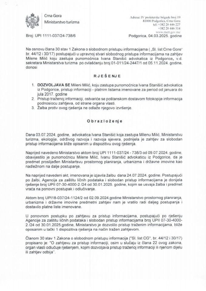 Rješenje - Slobodan pristup informacijama - UPI 01-037-24-738-6 - Milena Milić