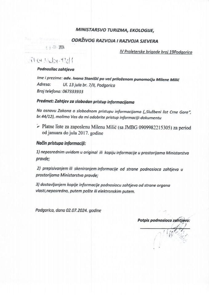 Zahtjev - Slobodan pristup informacijama - UPI 01-037-24-738-1 - Milena Milić
