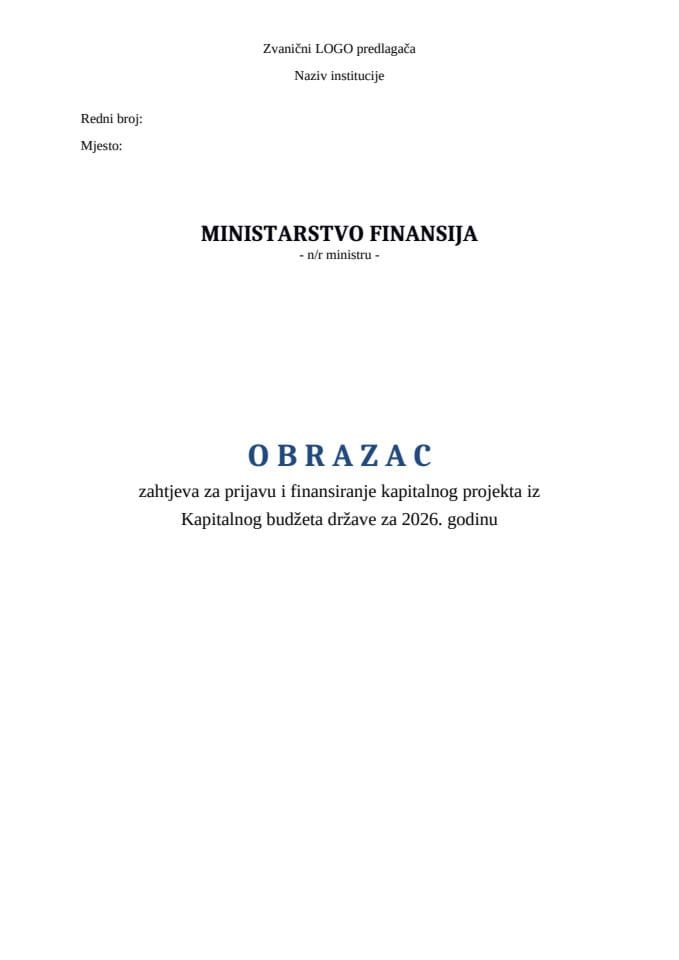 ОБРАЗАЦ за пријаву и финансирање капиталног пројекта из КБ 2026