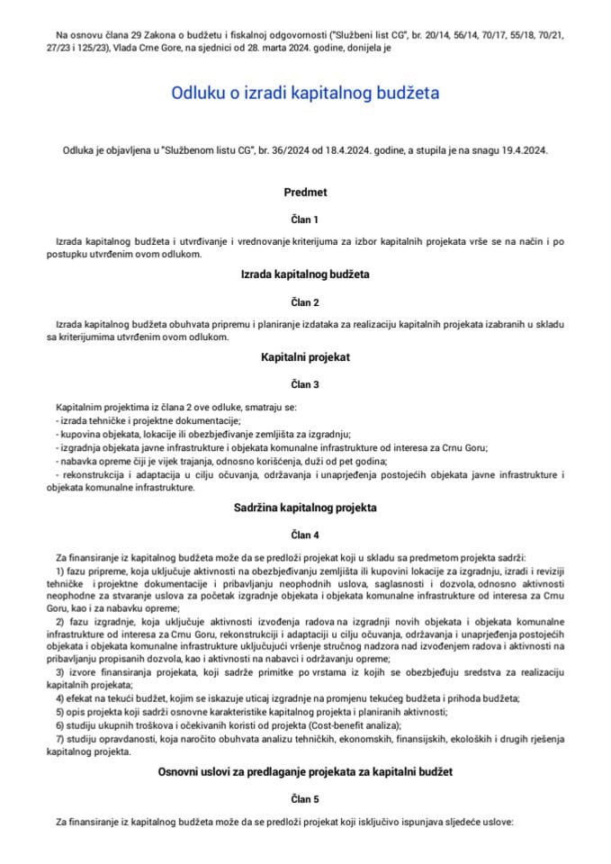 Одлука о изради капиталног буџета - април 2024