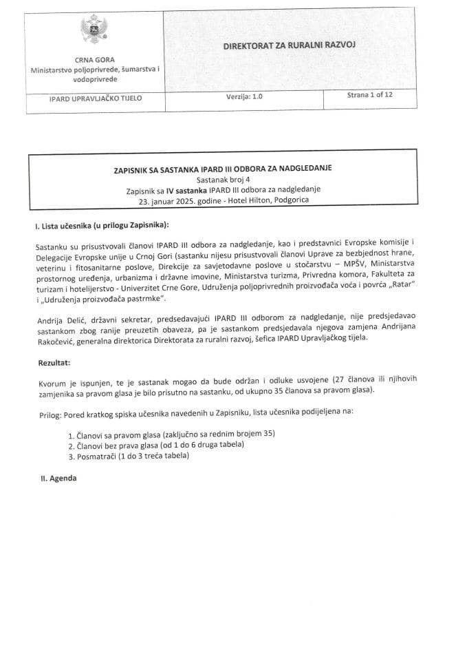 Записник са 4 састанка ИПАРД ИИИ одбора за надгледање МНЕ- ЕНГ и листа потписа