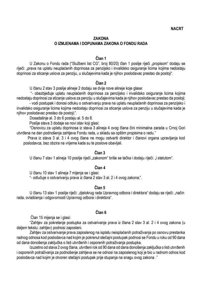 4.3.2025. godine Predlog Zakona o izmjenama i dopunama Zakona o Fondu rada sa obrazloženjem