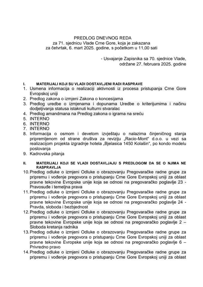 Предлог дневног реда за 71. сједницу Владе Црне Горе