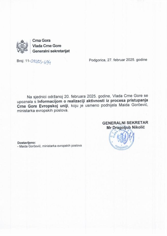 Usmena informacija o realizaciji aktivnosti iz procesa pristupanja Crne Gore Evropskoj uniji - zaključci