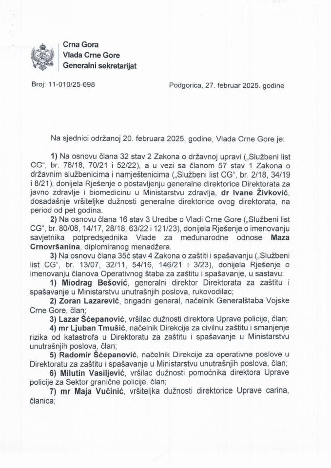Kadrovska pitanja - 69. sjednica Vlade Crne Gore - zaključci