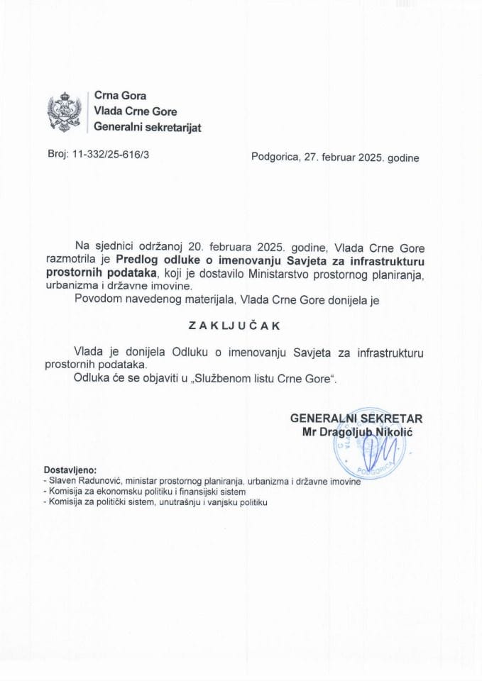 Predlog odluke o imenovanju Savjeta za infrastrukturu prostornih podataka - zaključci