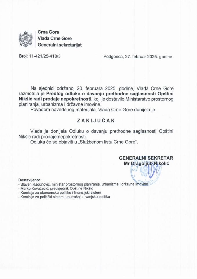 Predlog odluke o davanju prethodne saglasnosti Opštini Nikšić radi prodaje nepokretnosti - zaključci