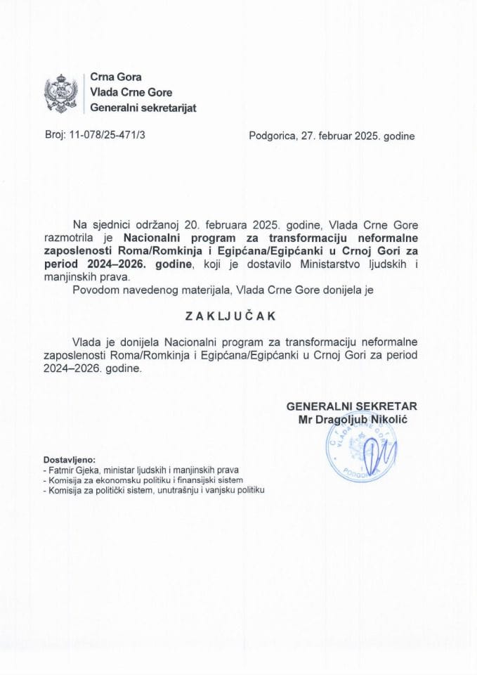 Predlog nacionalnog programa za transformaciju neformalne zaposlenosti Roma/Romkinja i Egipćana/Egipćanki u Crnoj Gori za period 2024-2026. godine - zaključci