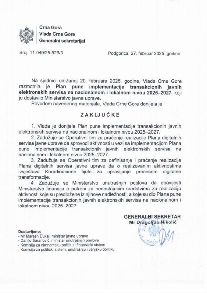 Predlog plana pune implementacije transakcionih javnih elektronskih servisa na nacionalnom i lokalnom nivou 2025-2027. - zaključci