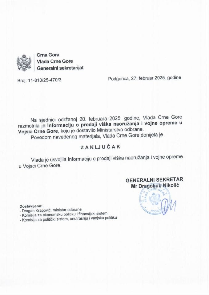 Informacija o prodaji viška naoružanja i vojne opreme u Vojsci Crne Gore - zaključci