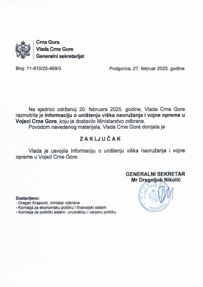 Информација о уништењу вишка наоружања и војне опреме у Војсци Црне Горе - закључци