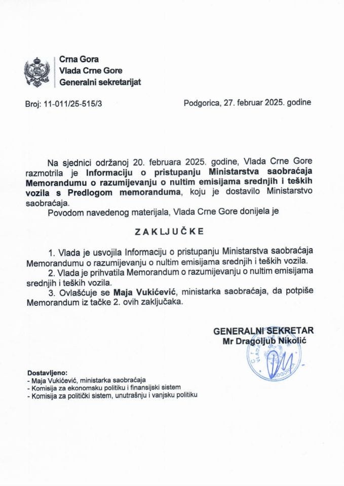 Informacija o pristupanju Ministarstva saobraćaja Memorandumu o razumijevanju o nultim emisijama srednjih i teških vozila s Predlogom memoranduma - zaključci