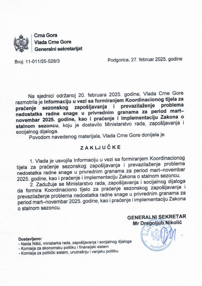 Informacija u vezi sa formiranjem Koordinacionog tijela za praćenje sezonskog zapošljavanja i prevazilaženje problema nedostatka radne snage u privrednim granama - zaključci