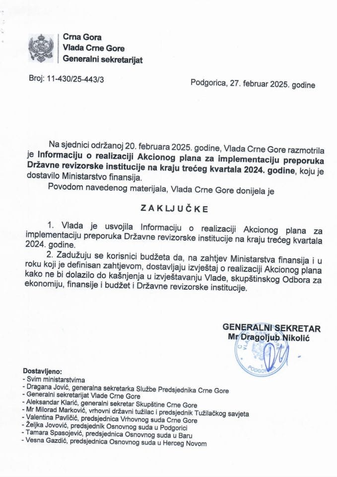 Informacija o realizaciji Akcionog plana za implementaciju preporuka Državne revizorske institucije, na kraju trećeg kvartala 2024. godine - zaključci