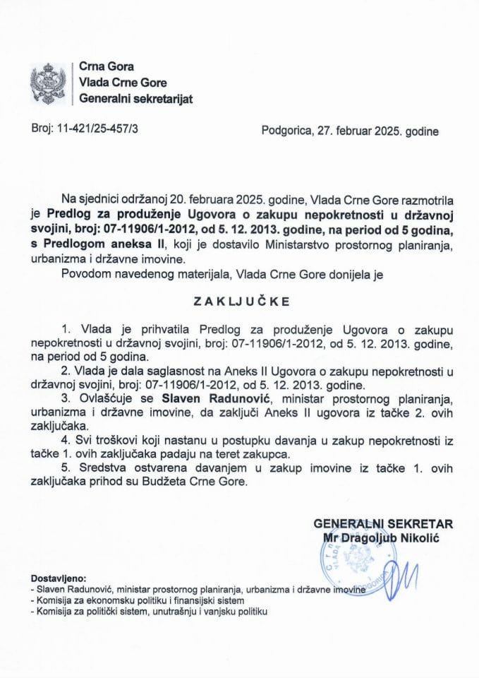 Predlog za produženje Ugovora o zakupu nepokretnosti u državnoj svojini, broj: 07-11906/1-2012, od 05. 12. 2013. godine, na period od 5 godina s Predlogom aneksa II Ugovora - zaključci