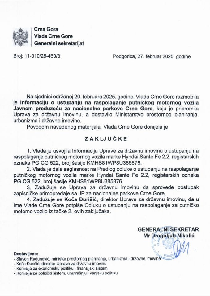 Informacija o ustupanju na raspolaganje putničkog motornog vozila Javnom preduzeću za nacionalne parkove Crne Gore - zaključci