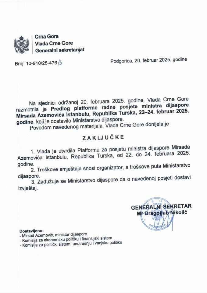 Predlog platforme radne posjete ministra dijaspore Mirsada Azemovića Istanbulu, Republika Turska, 22 - 24. februar 2025. godine - zaključci