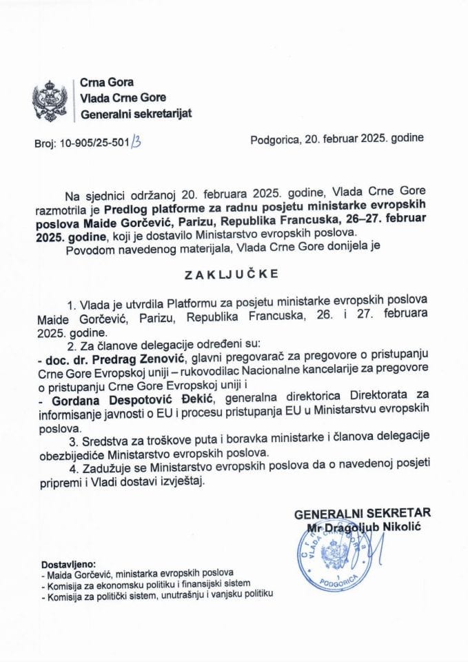 Predlog platforme za radnu posjetu ministarke evropskih poslova Maide Gorčević, Parizu, Republika Francuska, 26-27. februar 2025. godine - zaključci