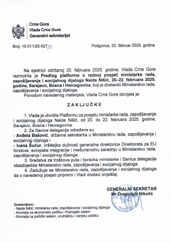 Predlog platforme o radnoj posjeti ministarke rada, zapošljavanja i socijalnog dijaloga Naide Nišić, od 20. do 22. februara 2025. godine, Sarajevo, Bosna i Hercegovina - zaključci
