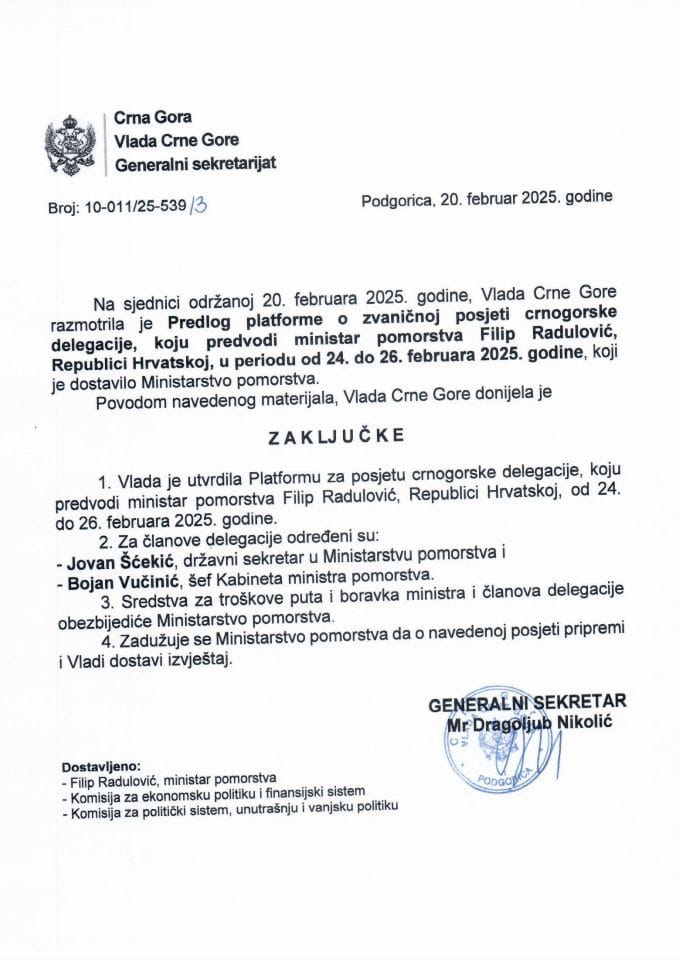 Predlog platforme o zvaničnoj posjeti crnogorske delegacije, koju predvodi ministar pomorstva Filip Radulović, Republici Hrvatskoj, u periodu od 24. do 26. februara 2025. godine - zaključci