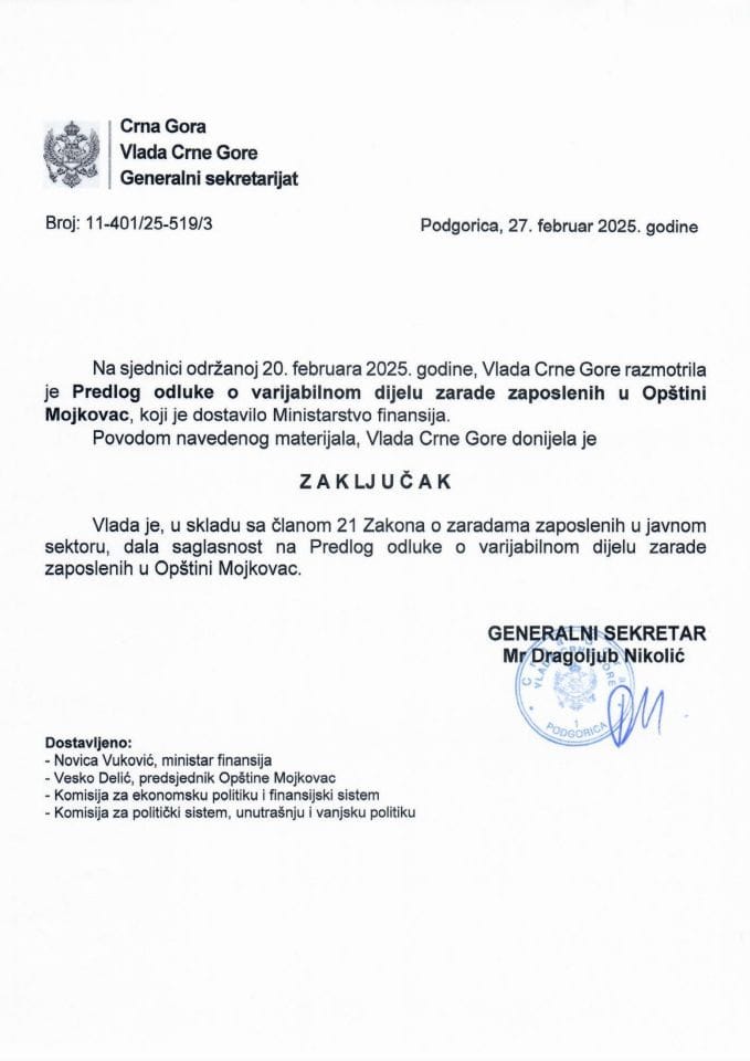 Predlog odluke o varijabilnom dijelu zarade zaposlenih u Opštini Mojkovac - zaključci