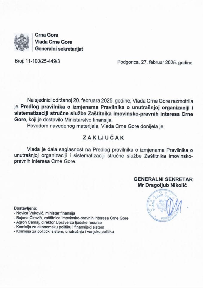 Predlog pravilnika o izmjenama Pravilnika o unutrašnjoj organizaciji i sistematizaciji Stručne službe Zaštitnika imovinsko - pravnih interesa Crne Gore - zaključci