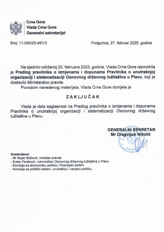 Predlog pravilnika o izmjenama i dopunama Pravilnika o unutrašnjoj organizaciji i sistematizaciji Osnovnog državnog tužilaštva u Plavu - zaključci