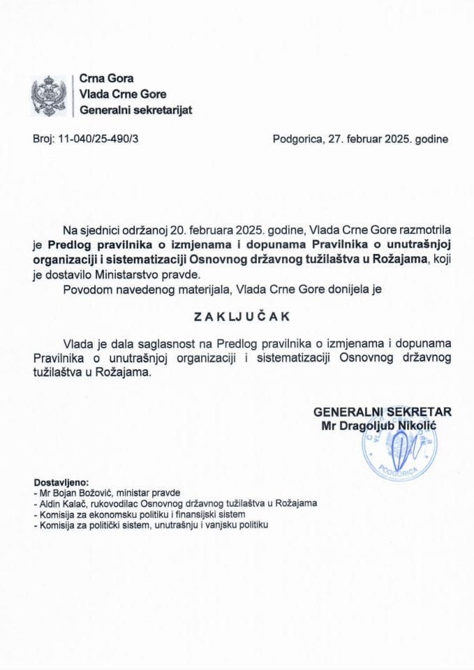 Predlog pravilnika o izmjenama i dopunama Pravilnika o unutrašnjoj organizaciji i sistematizaciji Osnovnog državnog tužilaštva u Rožajama - zaključci