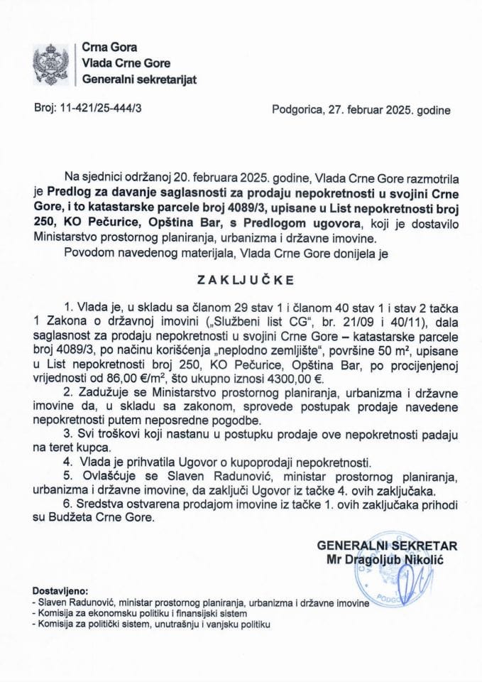 Predlog za davanje saglasnosti za prodaju nepokretnosti u svojini Crne Gore, i to katastarske parcele broj 4089/3, upisane u list nepokretnosti broj 250, KO Pečurice, Opština Bar s Predlogom ugovora - zaključci