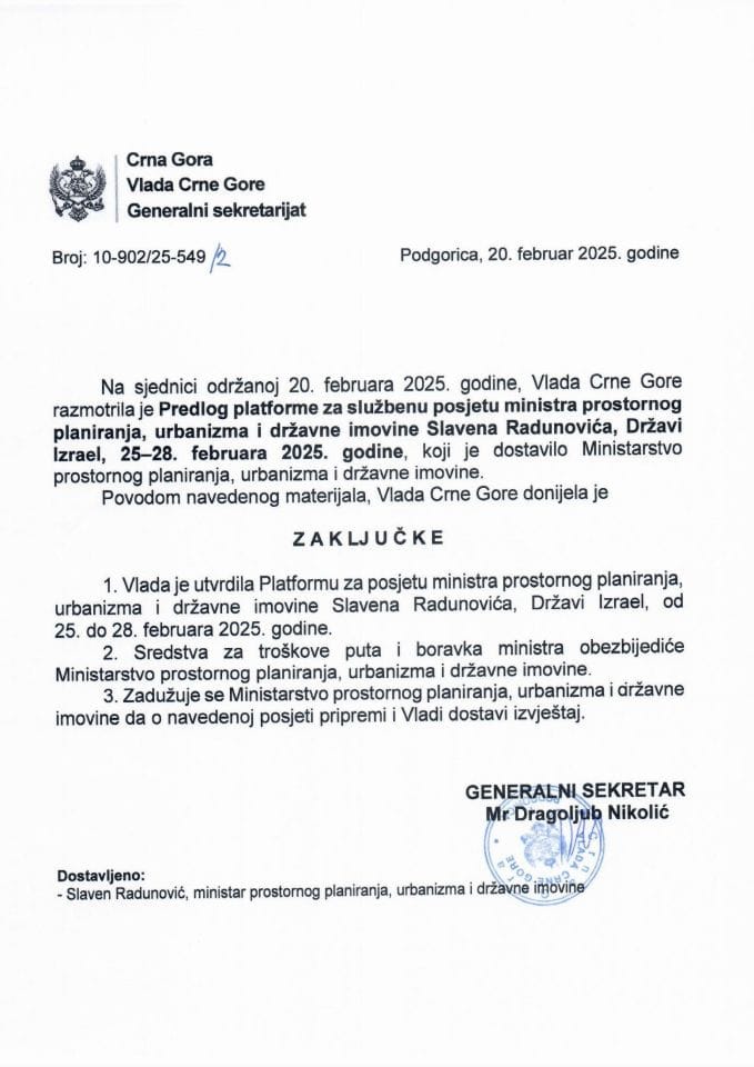Predlog platforme za službenu posjetu ministra prostornog planiranja, urbanizma i državne imovine, Slavena Radunovića Državi Izrael, od 25. do 28. februara 2025. godine - zaključci