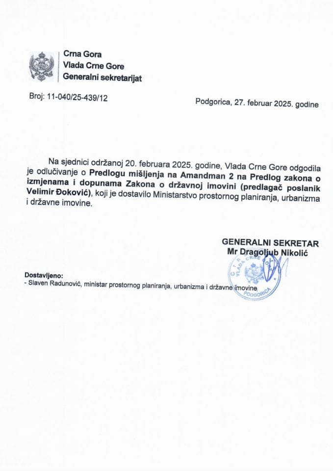 Predlog mišljenja na Amandman 2 na Predlog zakona o izmjenama i dopunama Zakona o državnoj imovini (predlagač poslanik Velimir Đoković) – zaključci