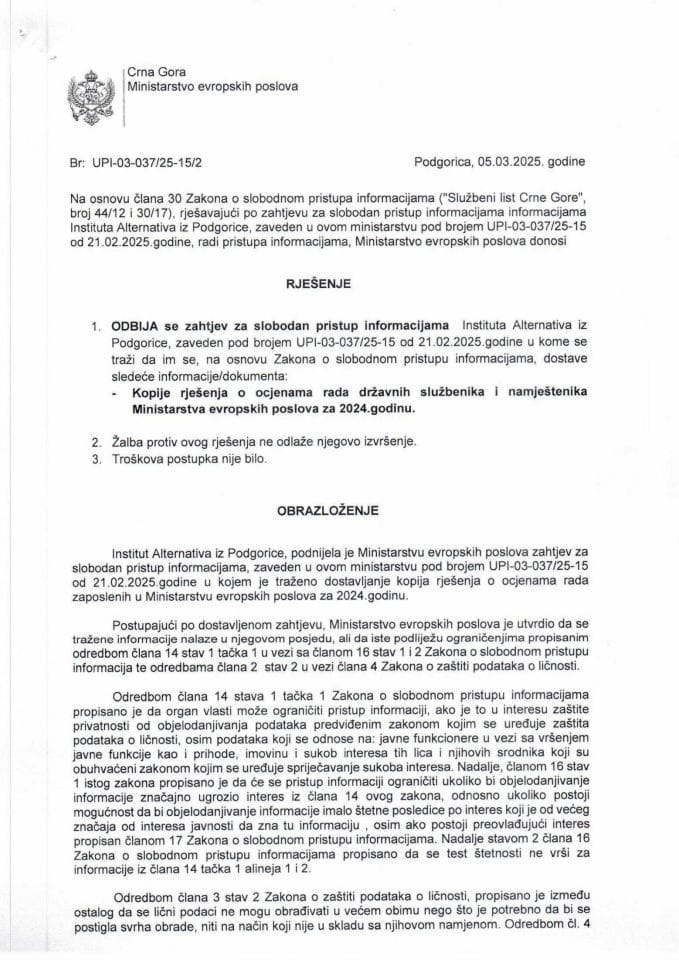 Zahtjev za Slobodan pristup informacijama Spi Institut Alternativa br. UPI -037-25-15-2 Rješenje od 05.03.2025 godine