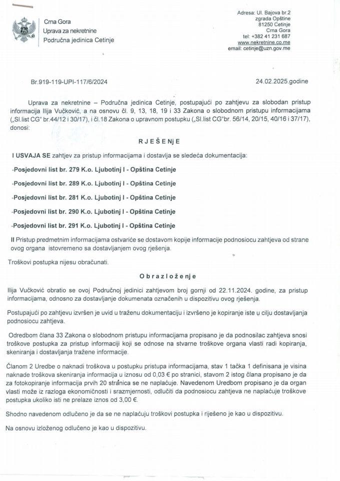 Rješenja o slobodnom pristupu informacijama - 06.03.2025.